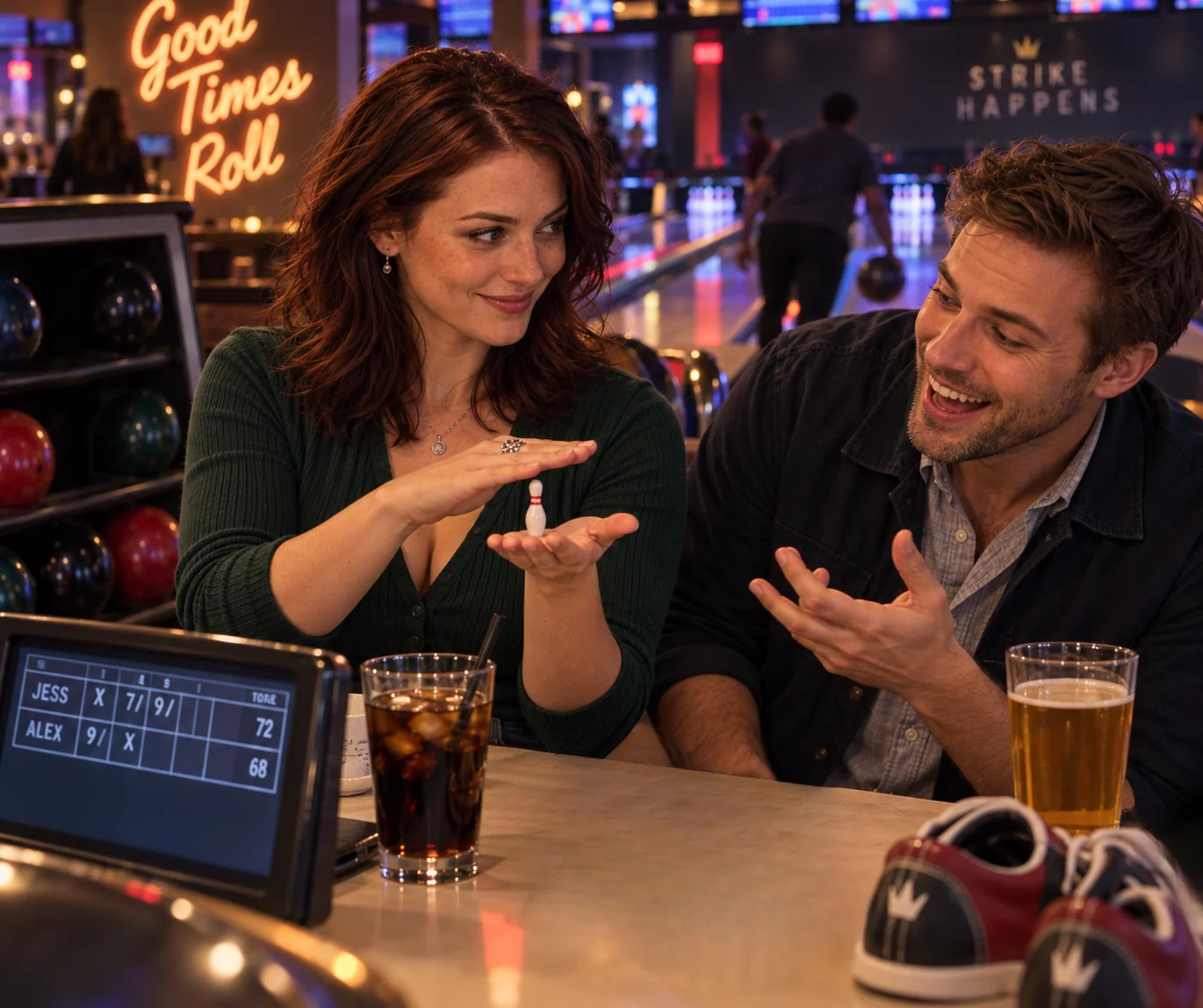An illustrated couple performs a trick with a tiny bowling pin at a neon bowling alley