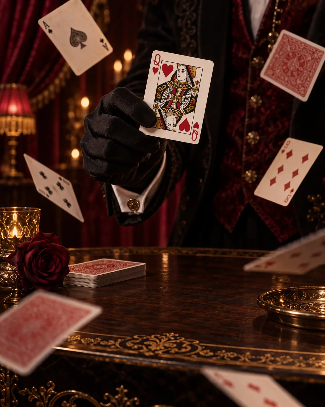 A magician reveals the queen of hearts over a candlelit table