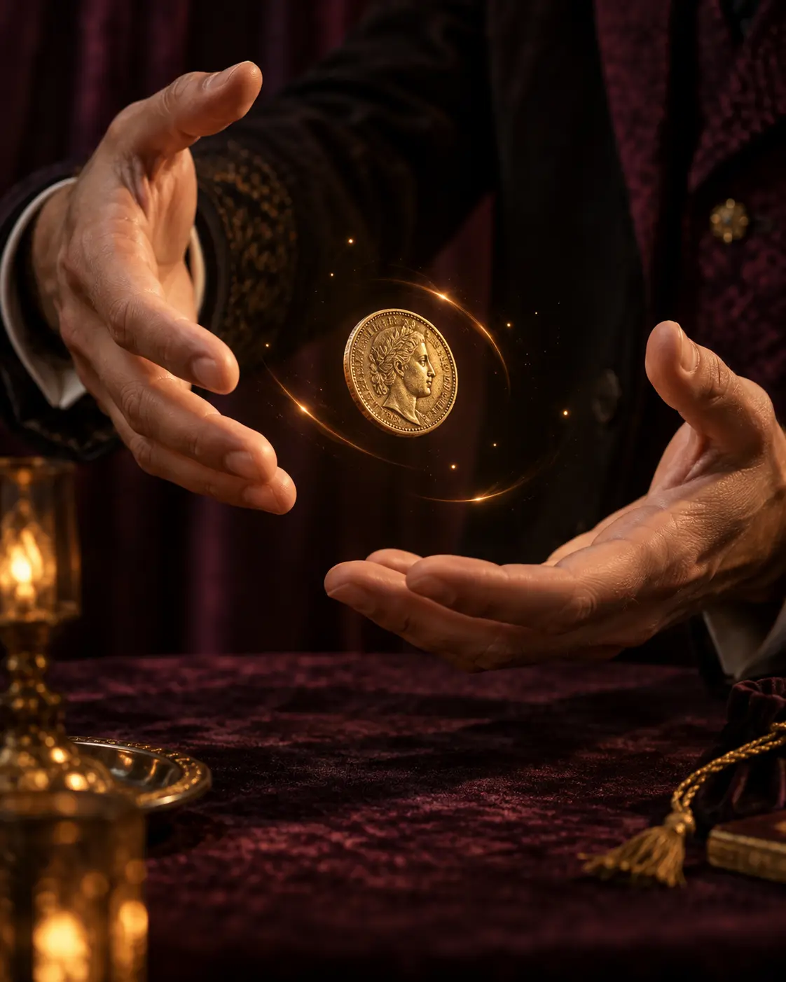 A golden coin appears between a magician’s hands