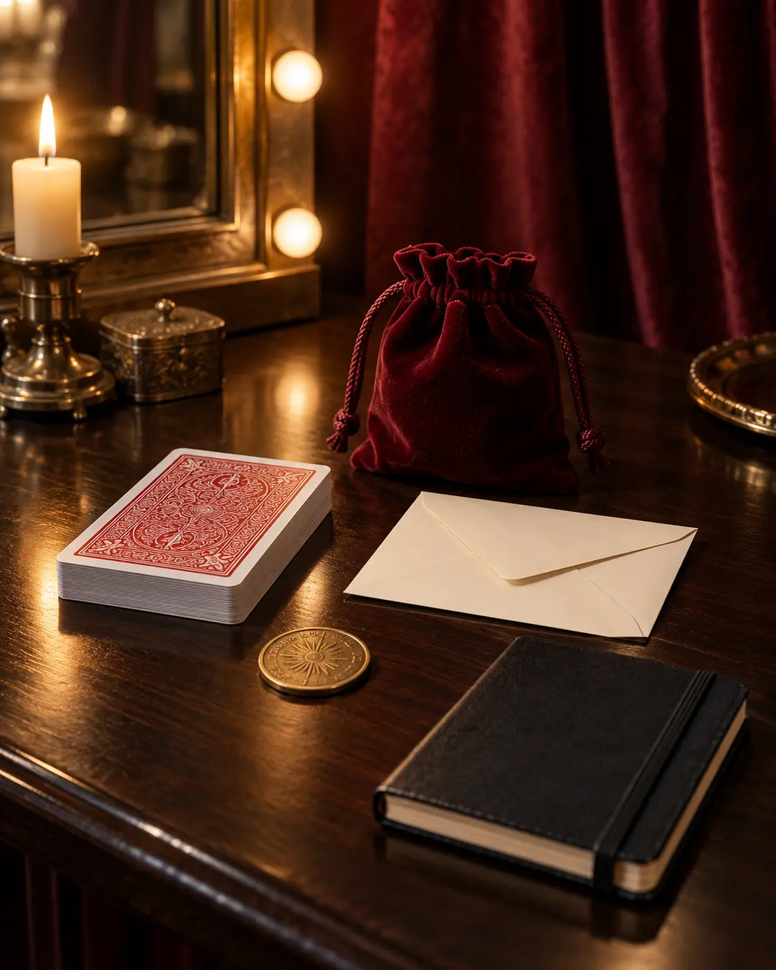 A starter magic kit arranged on a polished dressing-room table